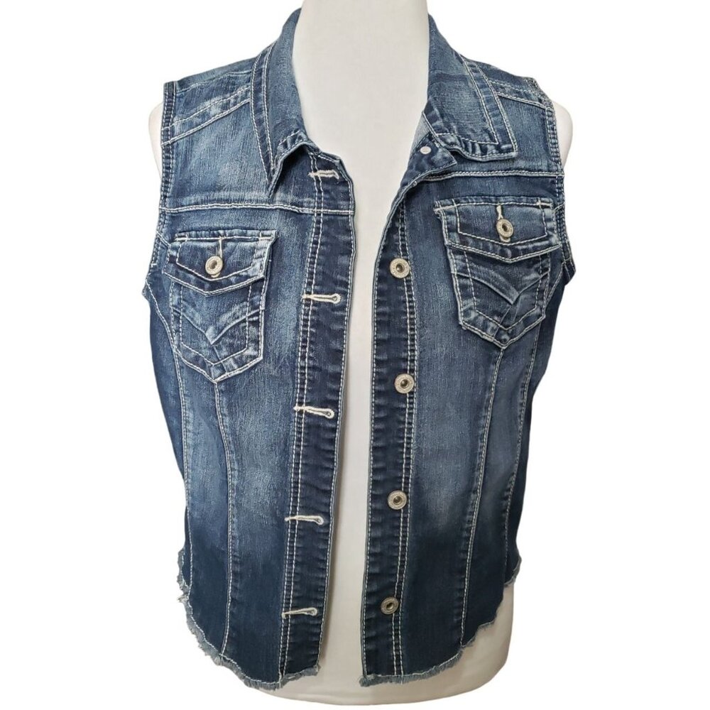 Maurices Denim Vest Women Size Large Blue Frayed Hem Short